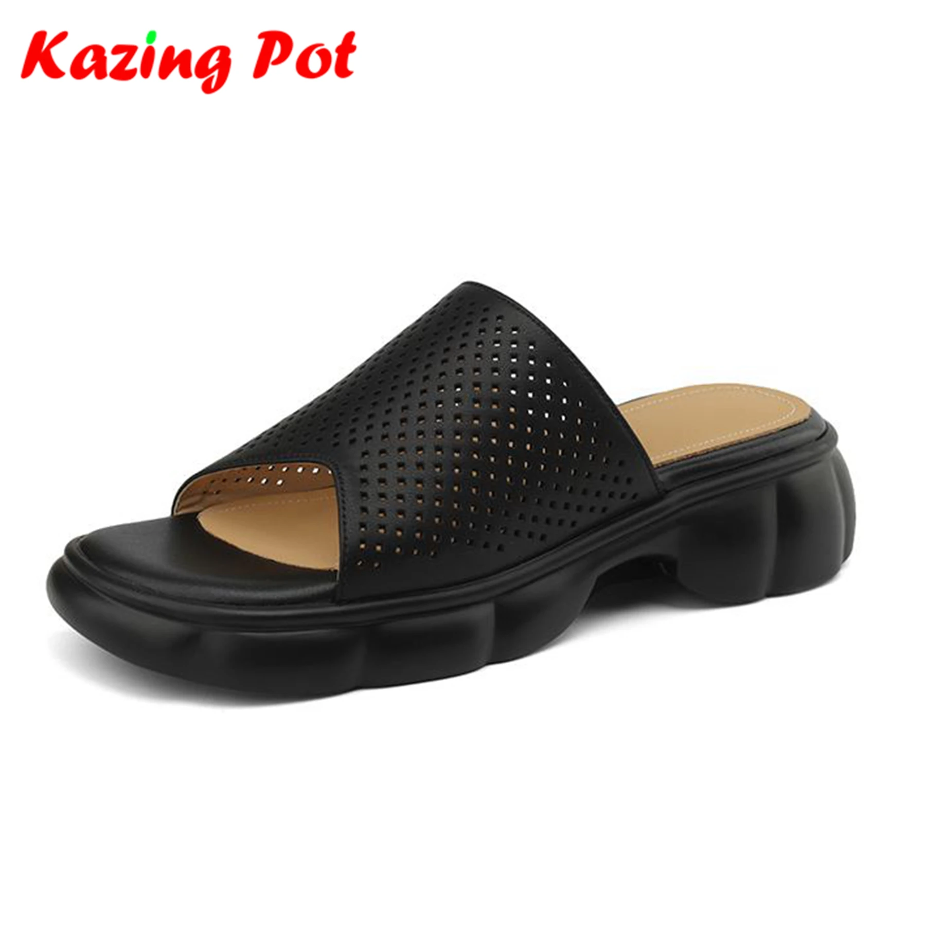 

Krazing Pot Genuine Leather Mules Fashion Summer Shoes Thick Heels Breathable Holes Decorations Casual Platform Women Sandals