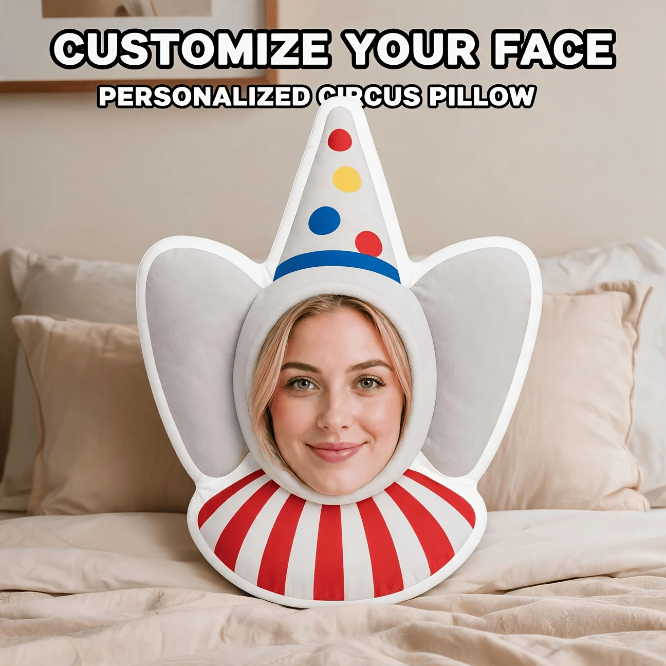 Custom Personalized Photo Face Pillow, Funny Clown Hat & Ears Custom Shaped Decorative Cushion, Unique Home Decor Accent for Sof