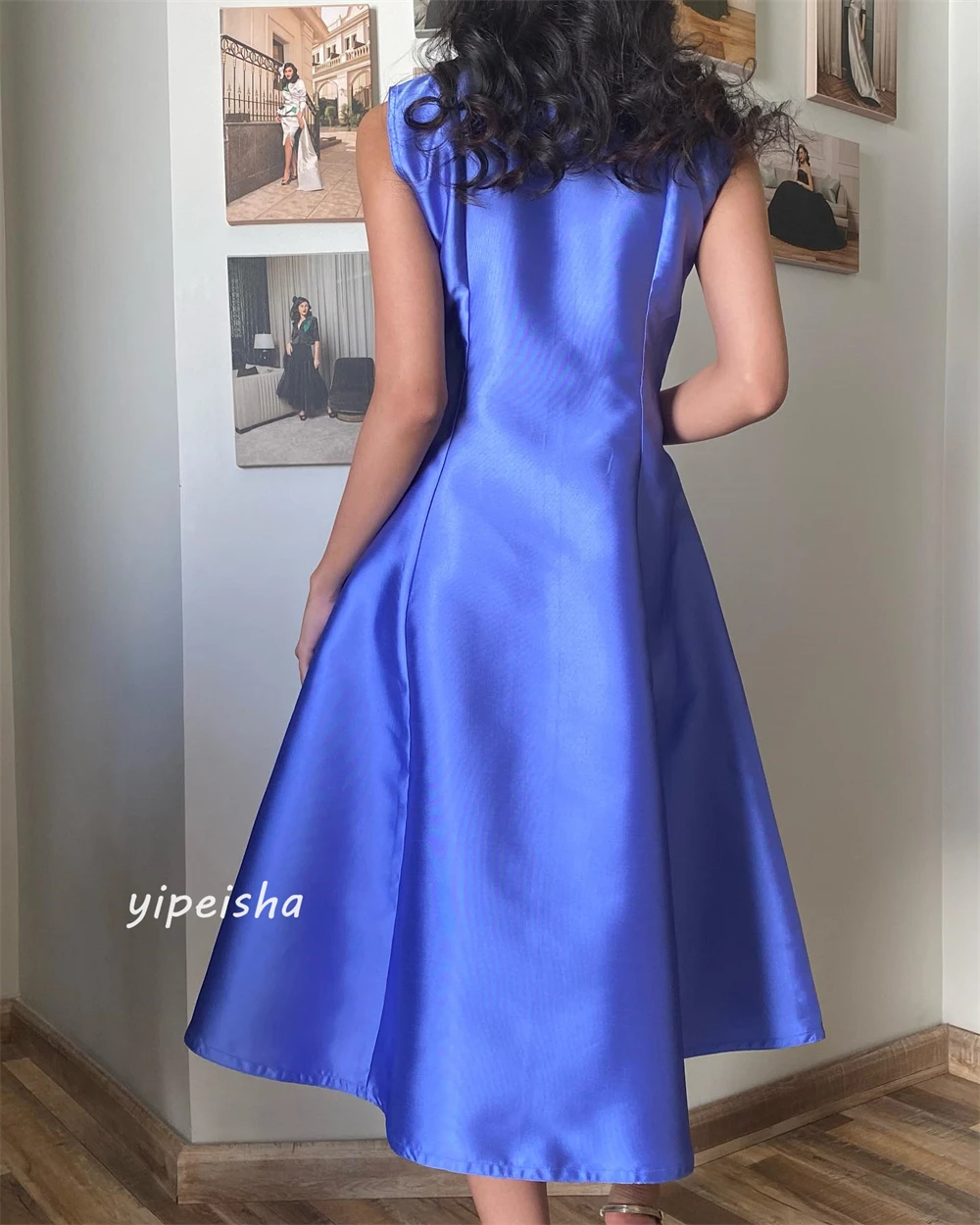  Satin Sequined Ruched Engagement A-line High Collar Bespoke Occasion Gown Midi Dresses Saudi Arabia Evening