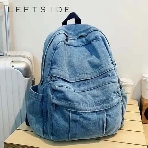 LEFTSIDE Women's 2024 Korean Fashion Big Denim Backpack Student Back To School Book Bag Cute Travel Solid Color Back Packs