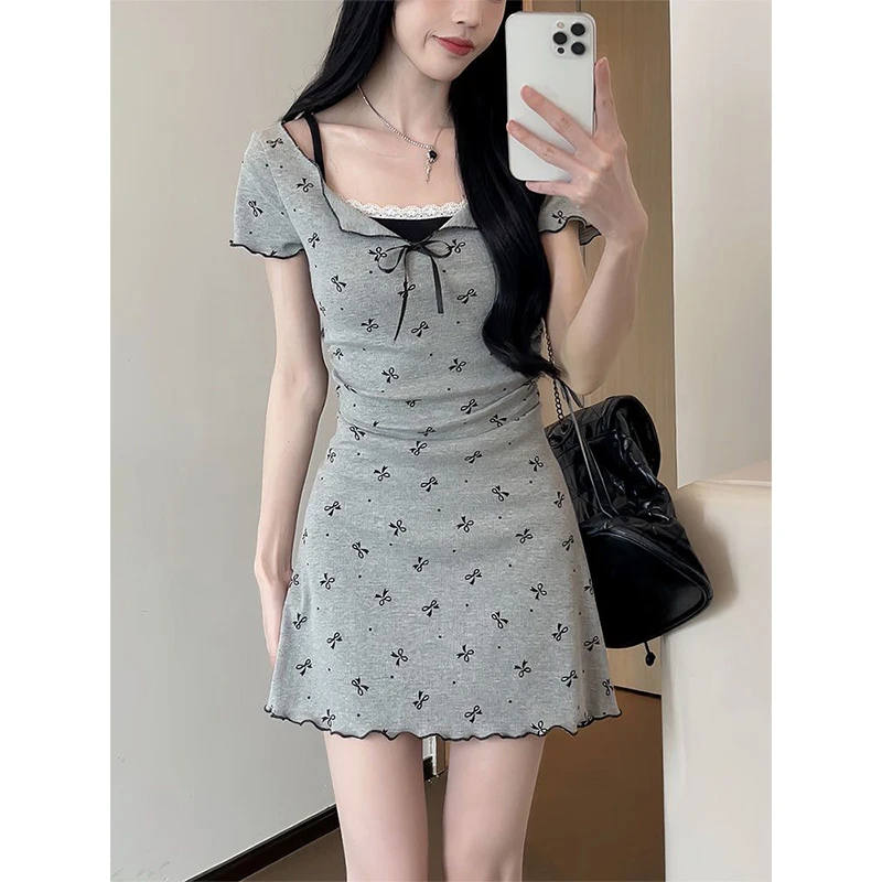 Sweet Young Style Summer Dresses Women\'s O-Neck Bow Printing Fake Two Pieces Patchwork Fashion Short Sleeve Slim A-line Dress