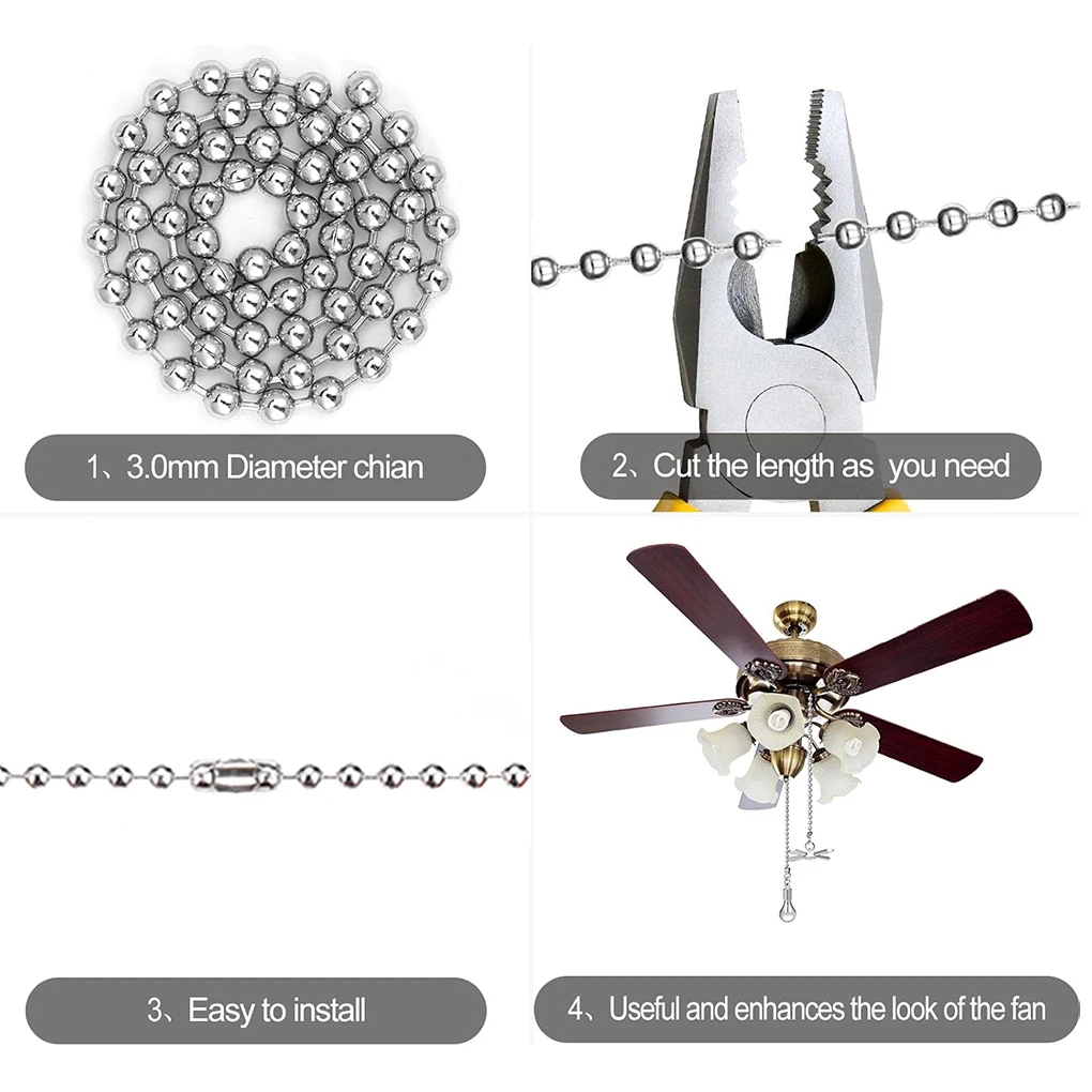 مروحة السقف لمبة تمديد سلسلة مطرز الكرة تمديد سلسلة معدنية اضافية طويلة سحب داخلي الحبل موسع لتركيبات الإضاءة