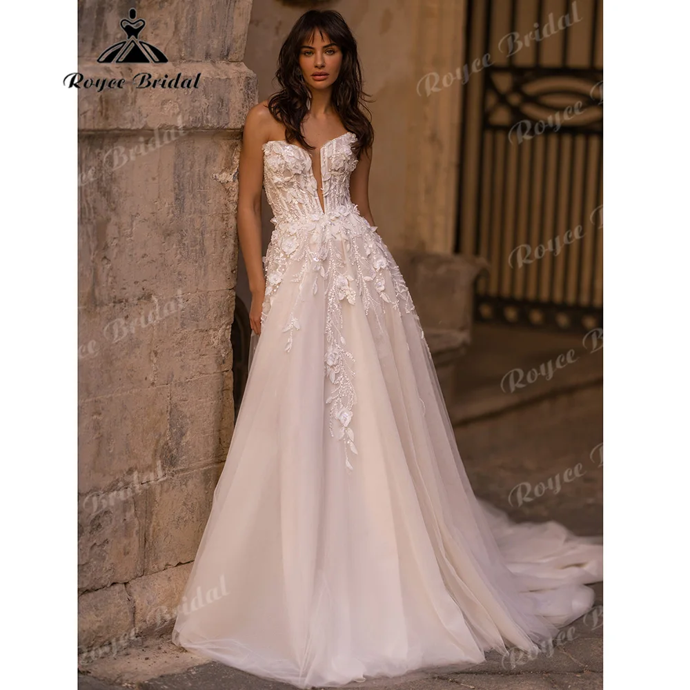 Strapless 3D Floral Beaded Lace A Line Wedding Dress Boned Illusion Corset Low Back Multi-Layer Tulle Soft Bridal Gown Customize
