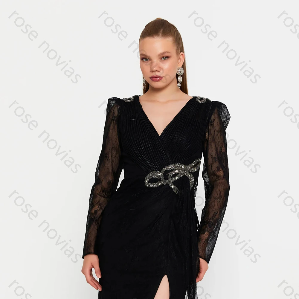 Abito da sera nero speciale classico di alta qualità in pizzo per abito da ballo con scollo a V lungo fino al pavimento Abiti da festa in cristallo personalizzati