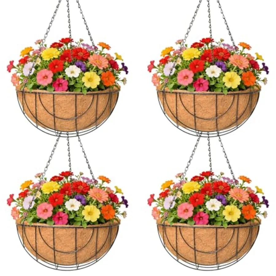 

4 Pack Metal Hanging Planter Basket Natural Round Coconut Hanging Plant Pot Coconut Coir Planter for Hanging Basket s/Vegetable
