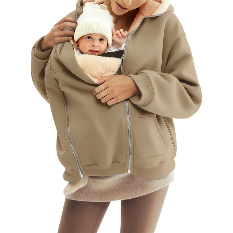 Maternity Fleece Sweatshirt Kangaroo Baby Carrier Hoodies Women Autumn Winter Baby Wearing Jacket Mother Lambswool Coats
