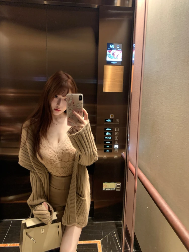 

M900 вязаный открытый кардиган женский модный верхняя одежда средней длины ранней осени универсальный маленький размер удобный Sli