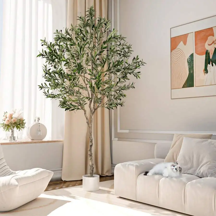 8FT Artificial Olive Tree, 96 Inch Extra Tall Olive Tree With 1717 Leaves & 72 Olives, New Arrival Realistic Fake Olive Tree In