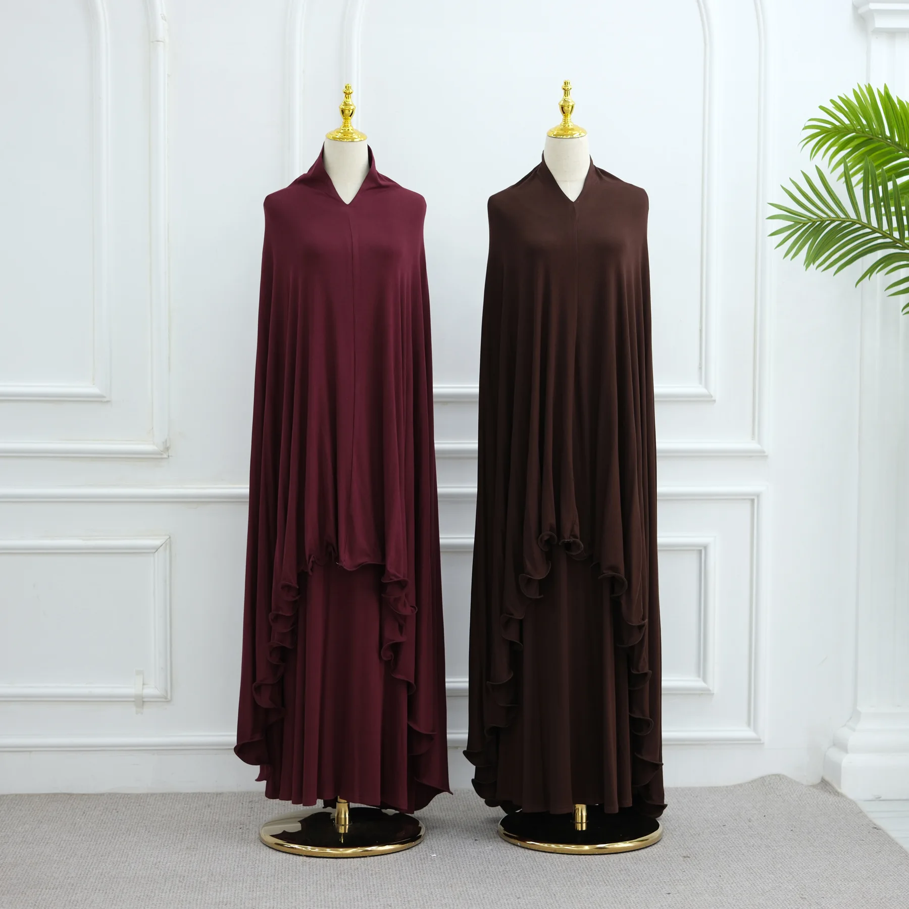 2025年 ツーピース礼拝用アバヤセット インナー ノースリーブドレス ジャージーロングヒジャブ キマール付き 伝統的なムスリム女性用アバヤセット