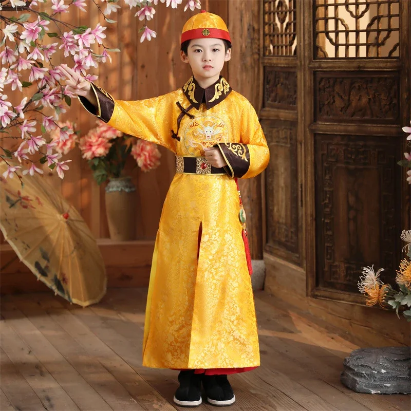 Chinese Boys Traditional Autumn Winter Yellow Embroidery Hanfu Children New Year Tang Suit Stage Performance Emperor Costumes