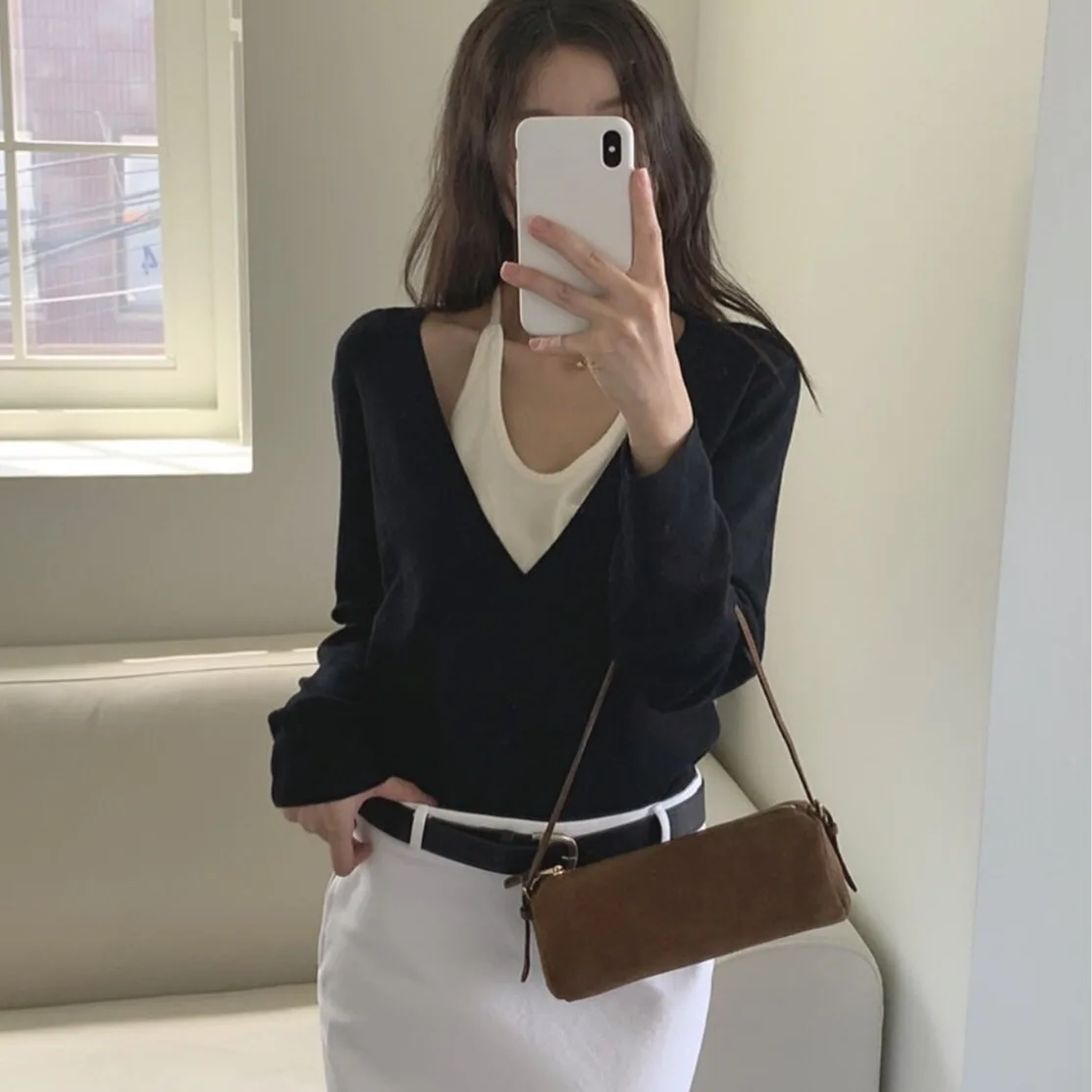 Korean Style Knitted Sweater Inner Wear Hanging Neck Fake Two-Piece Autumn Winter New Arrival Women's Casual Fashion Top