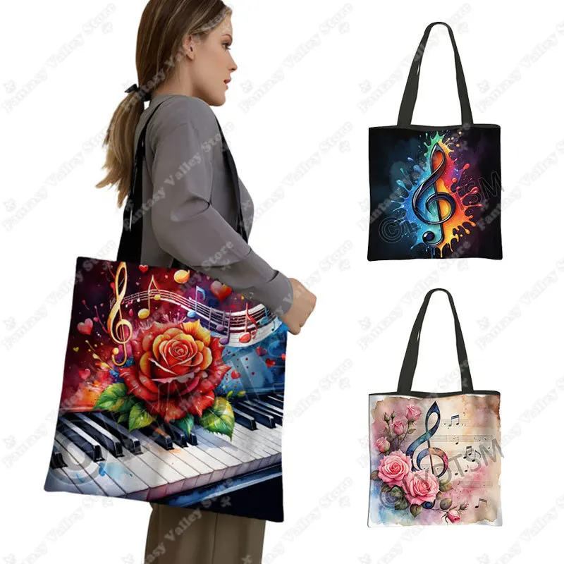 Bolsas de compras con estampado de notas musicales y pintura de acuarela, bolso de mano para teclado de Piano, bolso de mujer, bolsa de almacenamiento de gran capacidad, bolso de compras