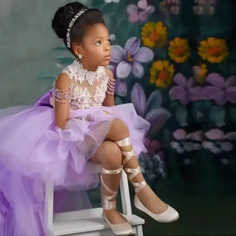 Lavendel bloemenmeisje trouwjurk pluizig met kralen applicaties kinderverjaardag asymmetrische gelaagde optocht feestavondjurk