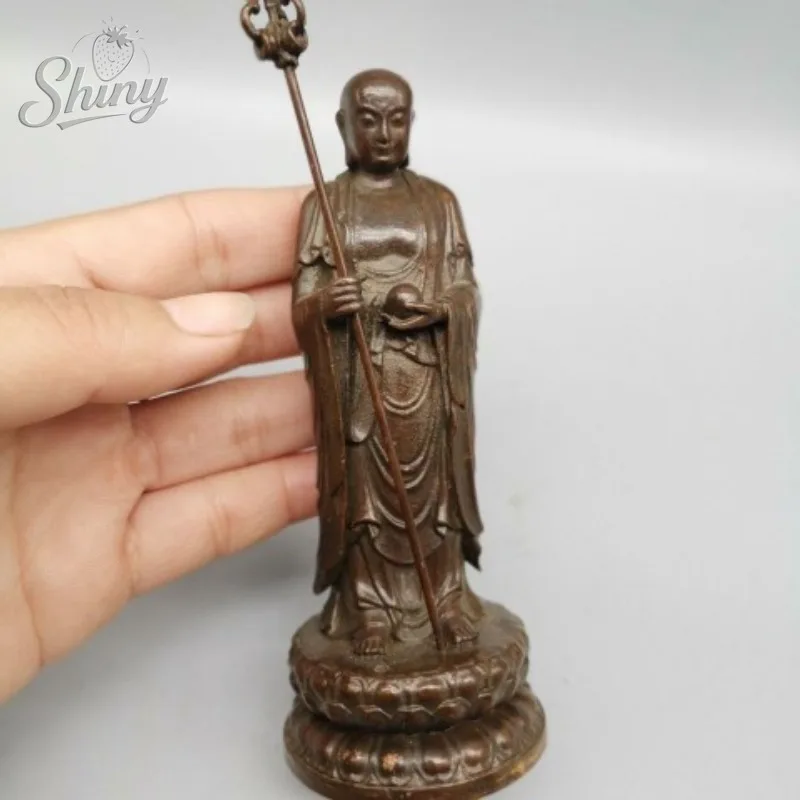 

Antique Purple Copper Statue of Ksitigarbha and Tang Sanzang Standing on A Lotus Flower, Copper Artwork Ornament