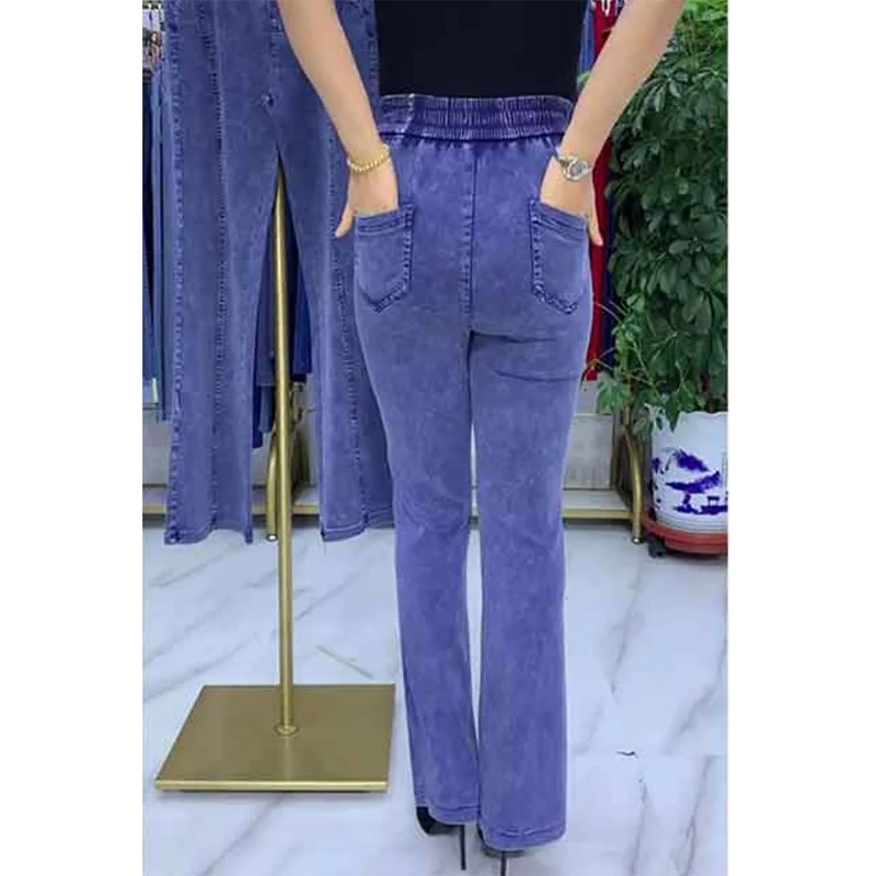 Middle-aged Women\'s Jeans Spring Fall Stretch Waist Denim Pants Large Size Loose Female Micro Flare Pants Winter Thick Warm Jean