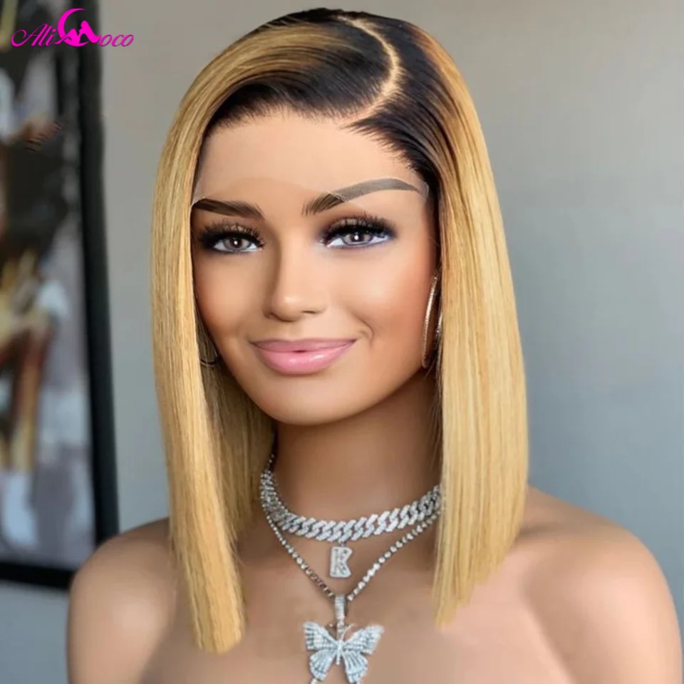 

Straight Short Bob Wig Transparent 13x4 Lace Frontal Human Hair Wigs for Women PrePlucked 1B 27 Remy Brazilian Wigs