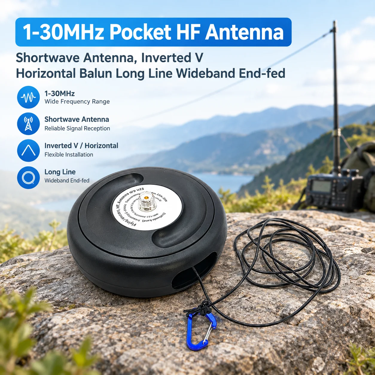 1-30MHz Pocket HF Shortwave Antenna, Inverted V End-Fed Long Wire Broadband Antenna with Balun