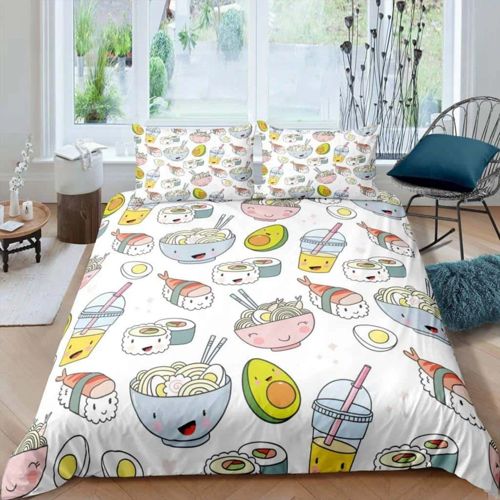 

3D Print Sushi Duvet Cover Set King Microfiber Japanese-Style Comforter Cover Food Theme Cute Cartoon Japan Sushi Quilt Cover