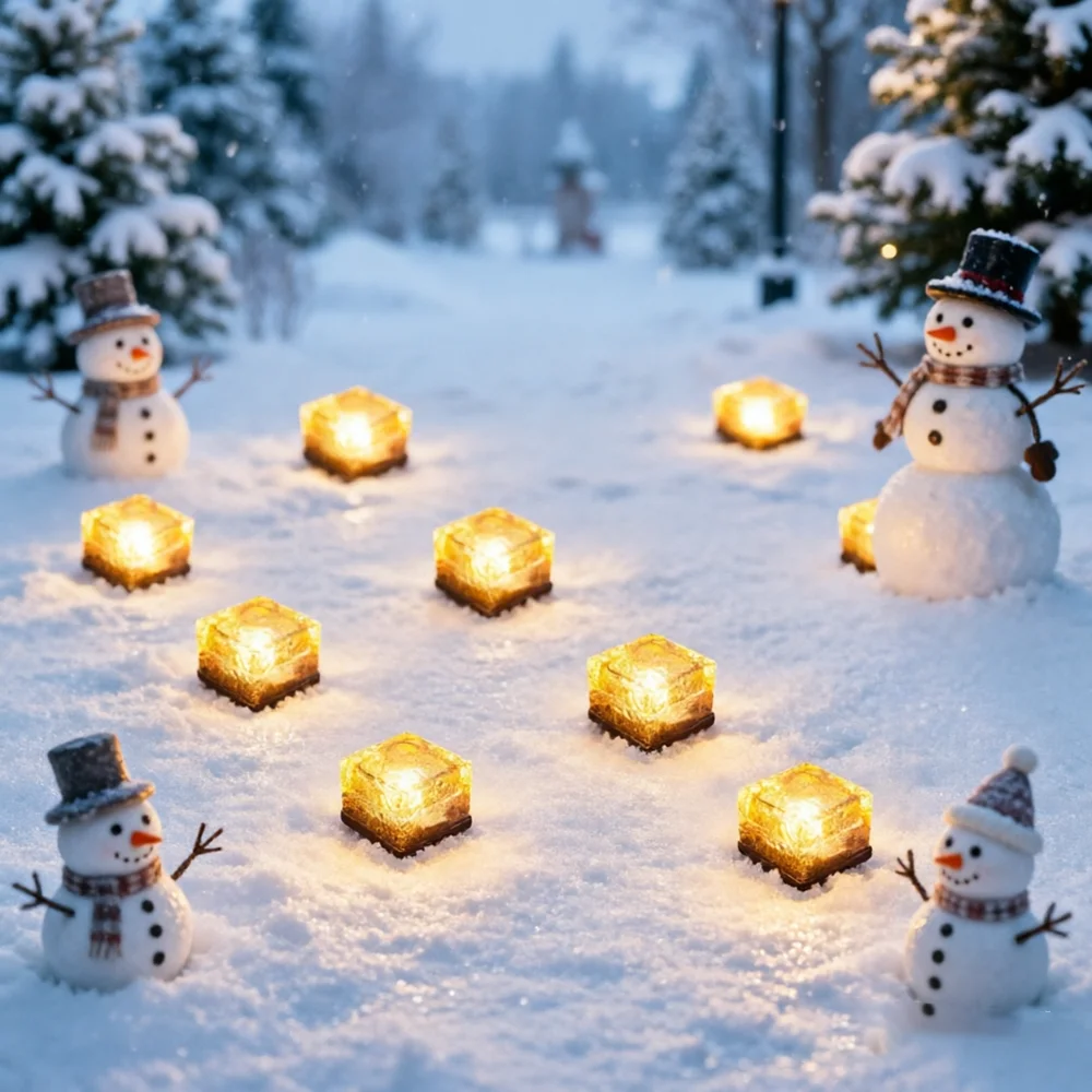1pc Square Solar LED Brick Light Imitation Ice Cube Decor Lamp Christmas Snow Scene Light for Steps Outdoor Lawn Wedding Decor