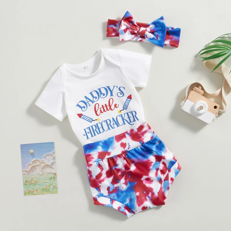 Patriotic Baby Outfit Set with American Flag Print Romper Tie-Dye Shorts and Matching Headband for Independence Day