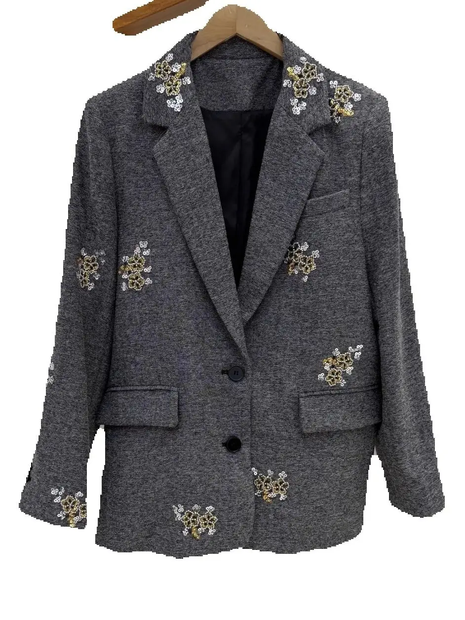 

Fall/Winter Women Sequin Floral Beaded Turn-down Collar Solid Set Long Sleeve Coat + High Waist A-Line Fashion Elegant Skirt