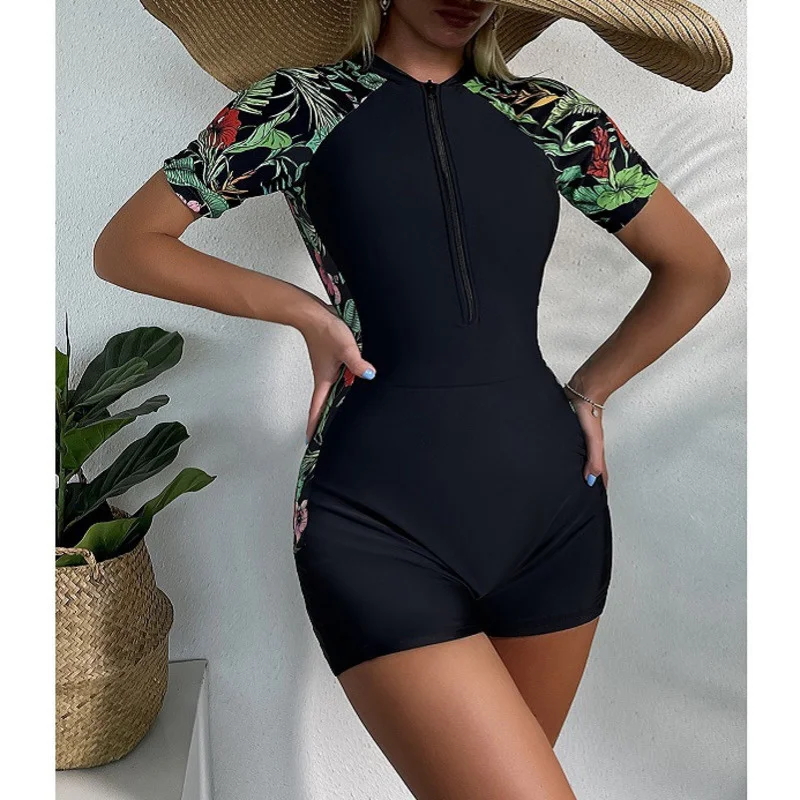 Floral Print Swimsuits Closed One-Piece Short Sleeve Swimwear Sports Surfing Pool Women Swim Bathing Suits Beachwear Bather 2024