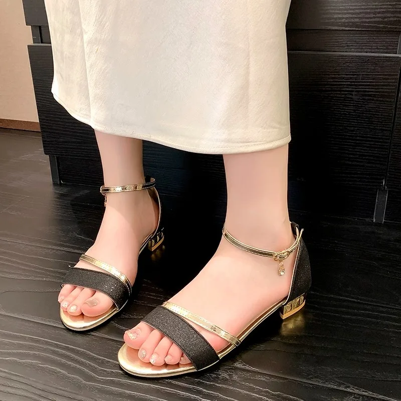 

Women Sandals 2024 Heels Casual Shoes Women's Open Toe Summer Gold Shoes Square Female Ankle Strap Low Heels Footwear Woman
