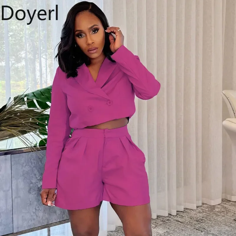 Doyerl Office Lady Short Sets Woman Clothing 2 Pieces Set Elegant Double-breasted Blazer Coat and Shorts Work Wear Matching Sets