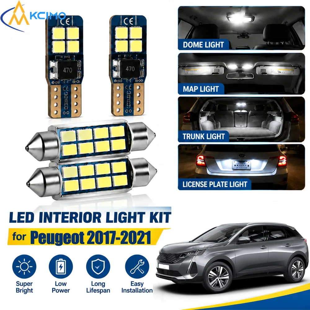 For Peugeot 3008 2017-2021 Canbus Interior LED Light Kit, 6000K Dome Vanity Reading Lamps, Error‑Free Easy Installation