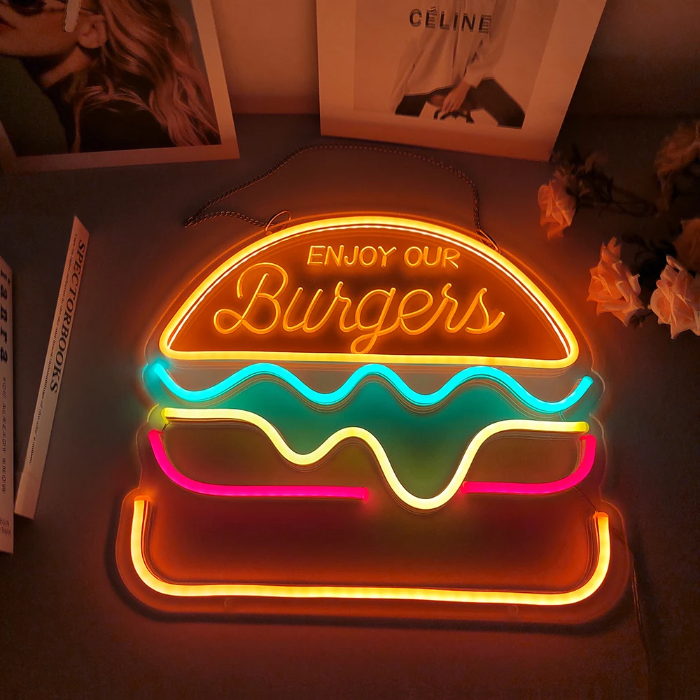 Hamburger Neon Light Acrylic Fast Food Wall Neon Sign for Party Wedding Shop Restaurant Birthday Home Wall Decor Decoration