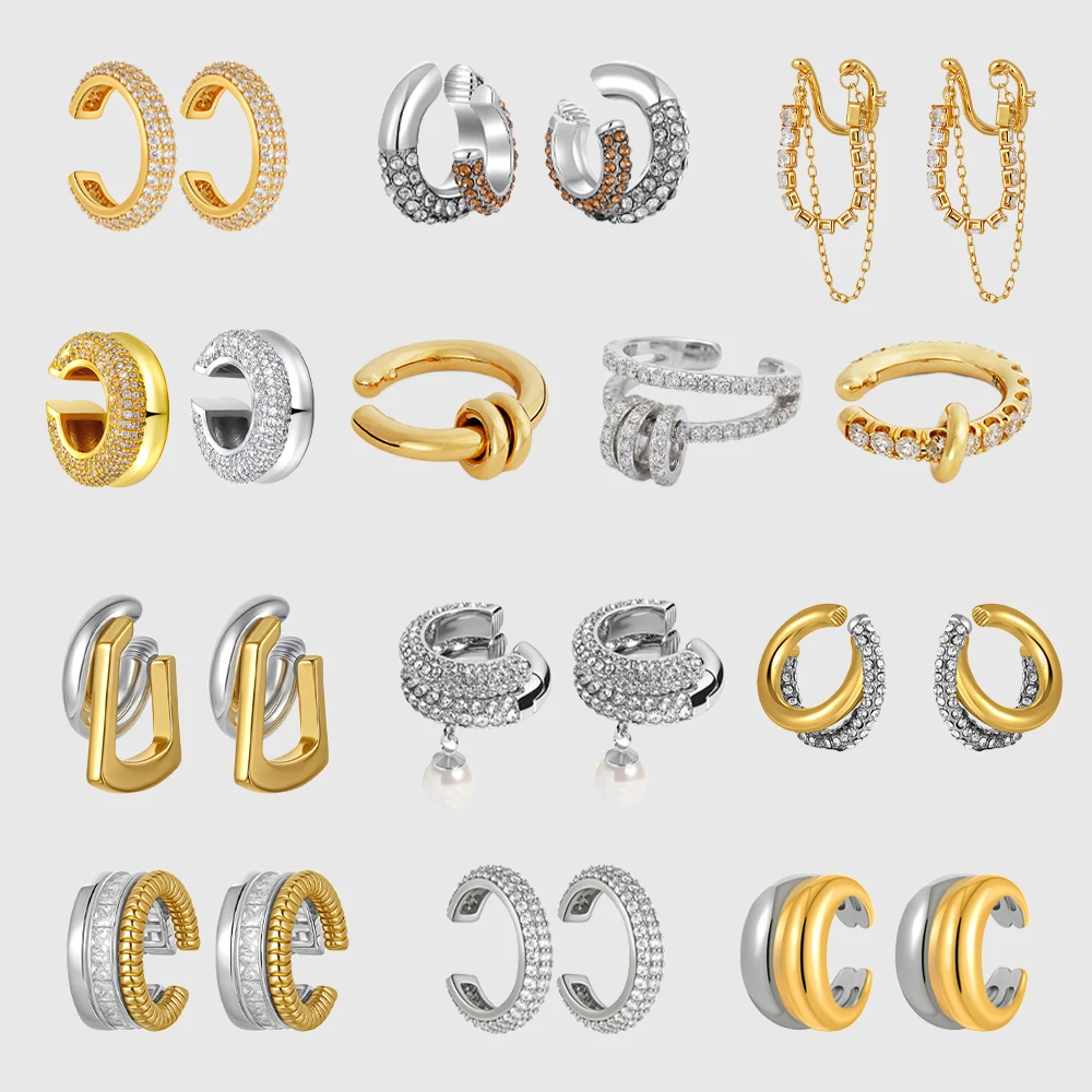 Luxury Zircon No Piercing Ear Cuffs Gold Silver Mix Color Double Layer Cartilage Clip Earring Stainless Steel Jewelry for Women