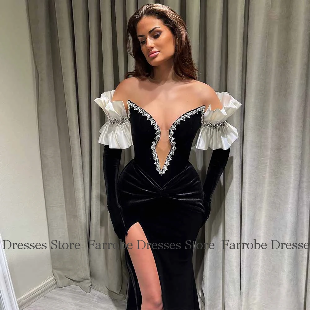 

Dubai Luxury Prom Dresses Velour Mermaid/Trumpet Celebrity Dress Black Strapless Rhinestones/Crystals Pleat Split Party Dresses