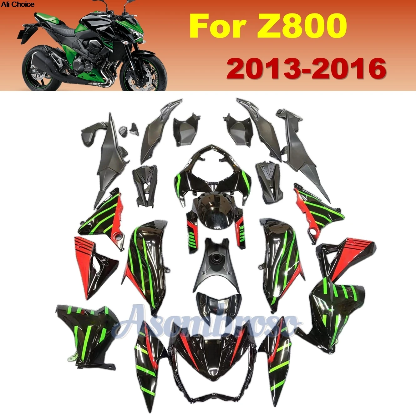 

ABS Injection Full Fairing Kit For Kawasaki Z800 2013 2014 2015 2016 Green Red Striped Print Black Bodywork Cowl
