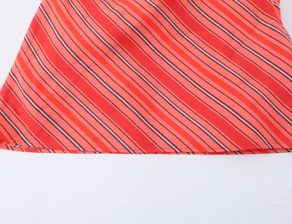 HH Französischer Stil Rot Gestreiftes Neckholder-Minikleid Ärmellos mit Wasserfallausschnitt A-Linien-Sommerkleid Elegantes Sommer-Resort-Strand-Büro-Outfit – Detail 7