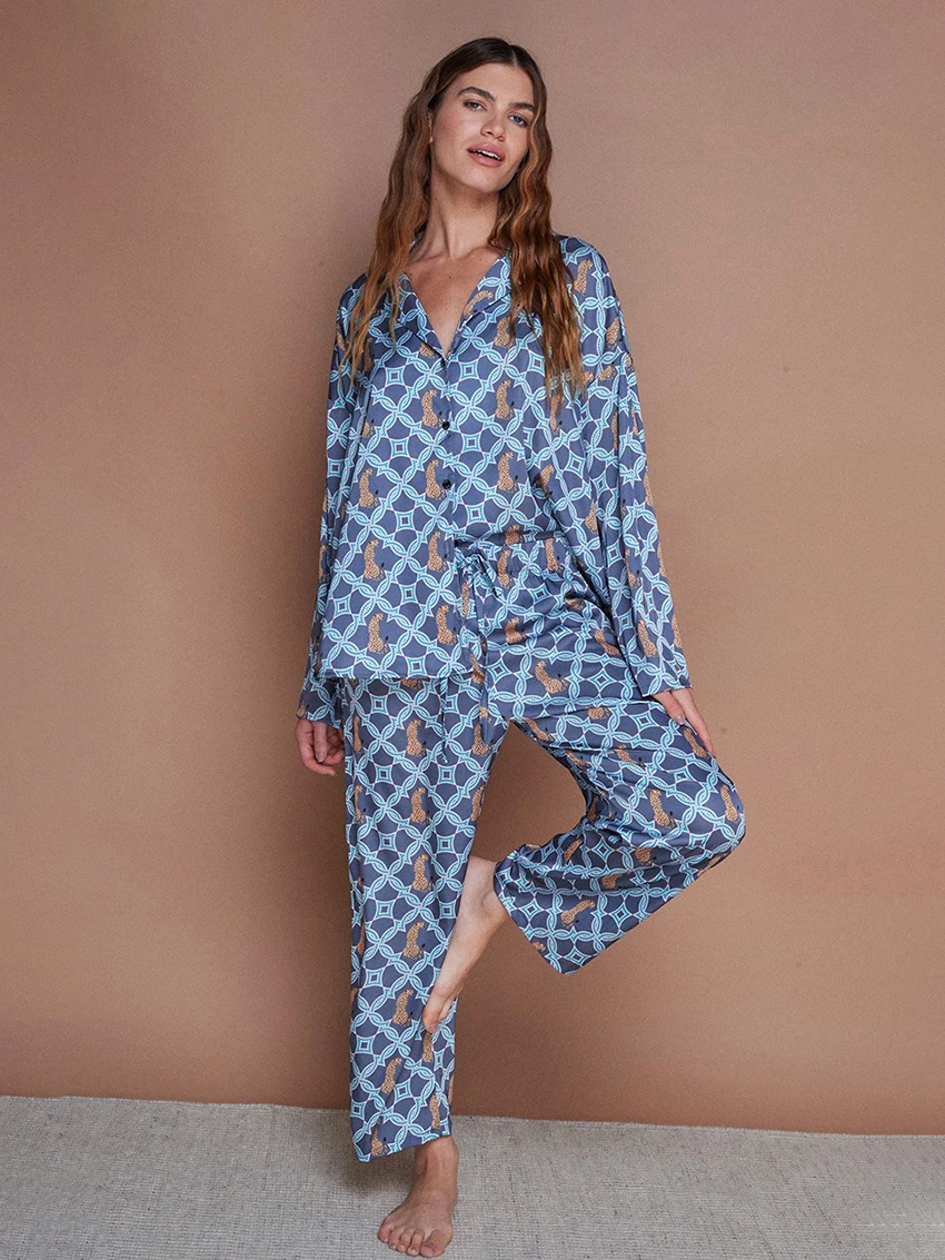 Marthaqiqi Print Femme Nachtkleding 2-delige Pak Lange Mouw Nachtkleding Turn-Down Kraag Pyjama Broek Herfst Vrouwen Huiskleding