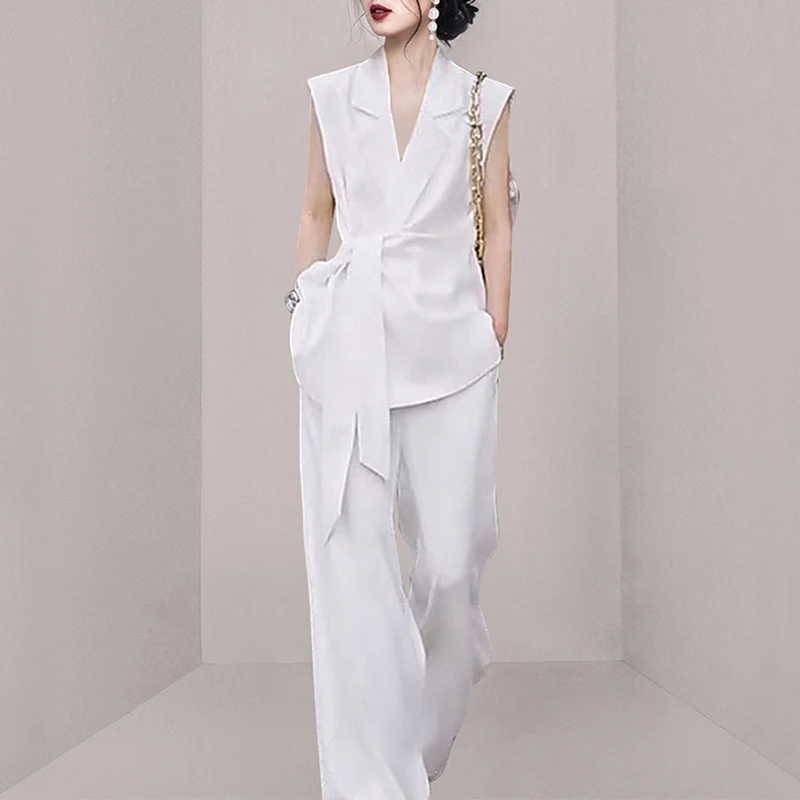 Elegant Summer White Office OL Two Piece Set 2023 High Quality Women Notched Lace Up Sleeveless Suit Coat + Wide-Leg Pants Suit