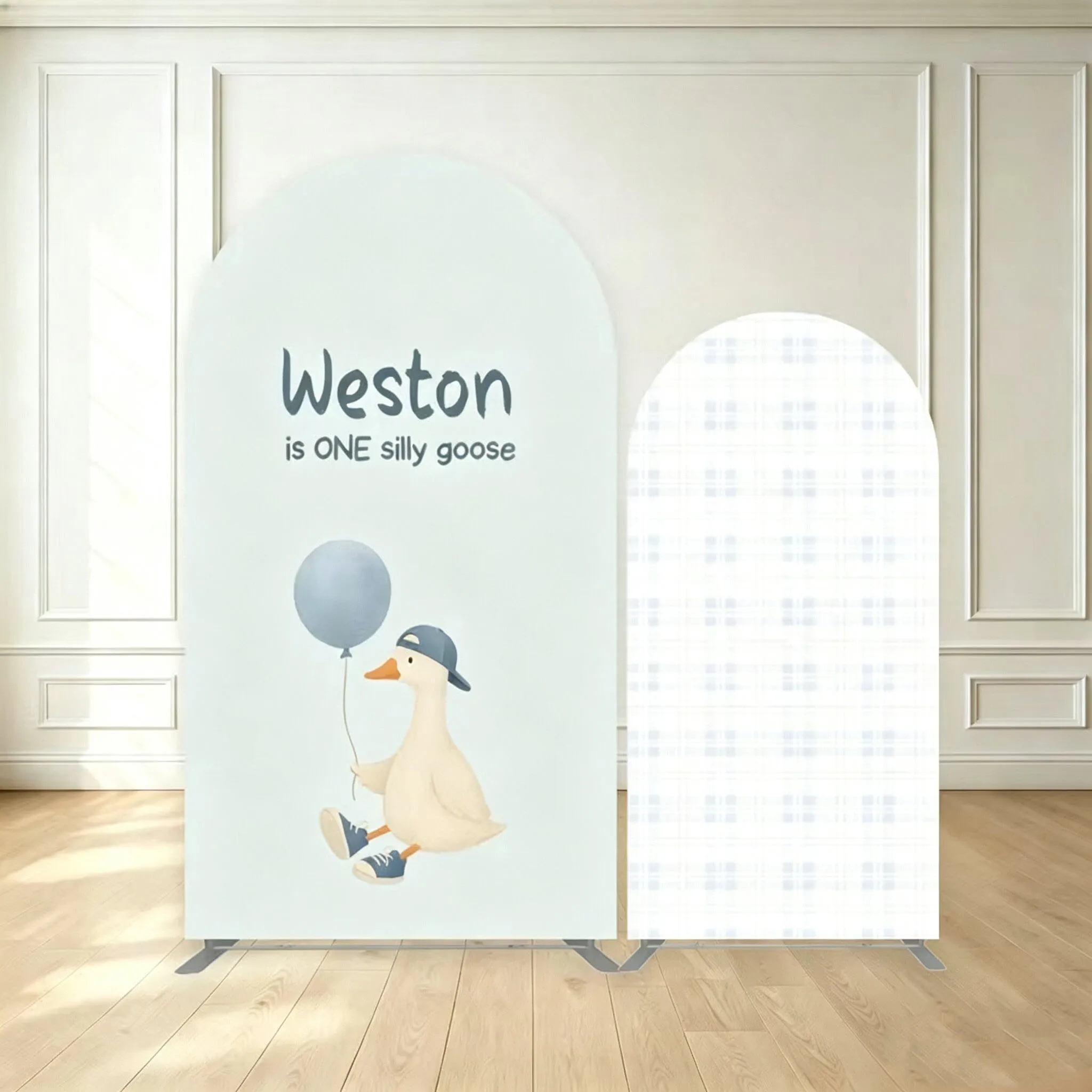 Custom 2-Side One Silly Goose Baby Shower Arch Backdrop Cover Grid Balloon Custom Name Birthday Party Decor Backdrop Photo