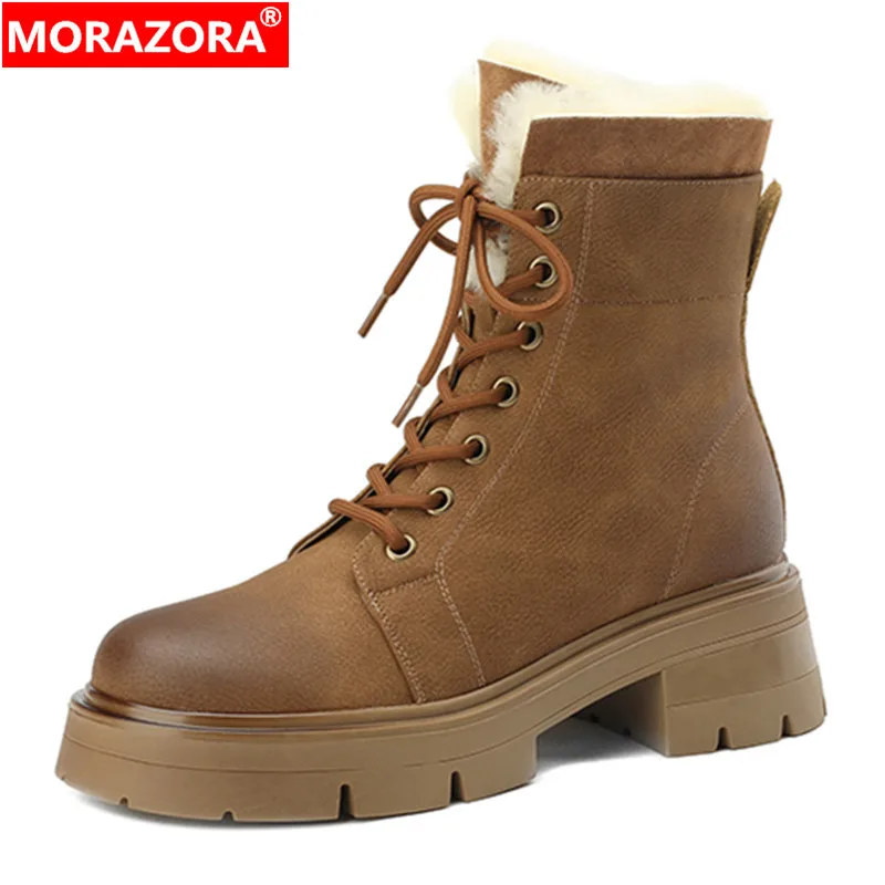 MORAZORA 2024 New Thick Plush Snow Boots Popular Genuine Leather Winter Boots Woman Narrow Band Ladies Platform Ankle Boots