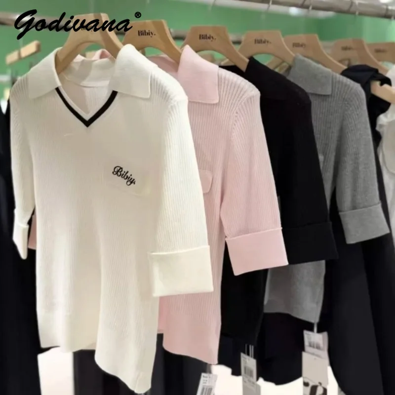 Japanese Style New Summer Women's Knitted T-Shirt Short Sleeve Casual Letter Embroidery Knit Polo Shirt A-line Short Skirts
