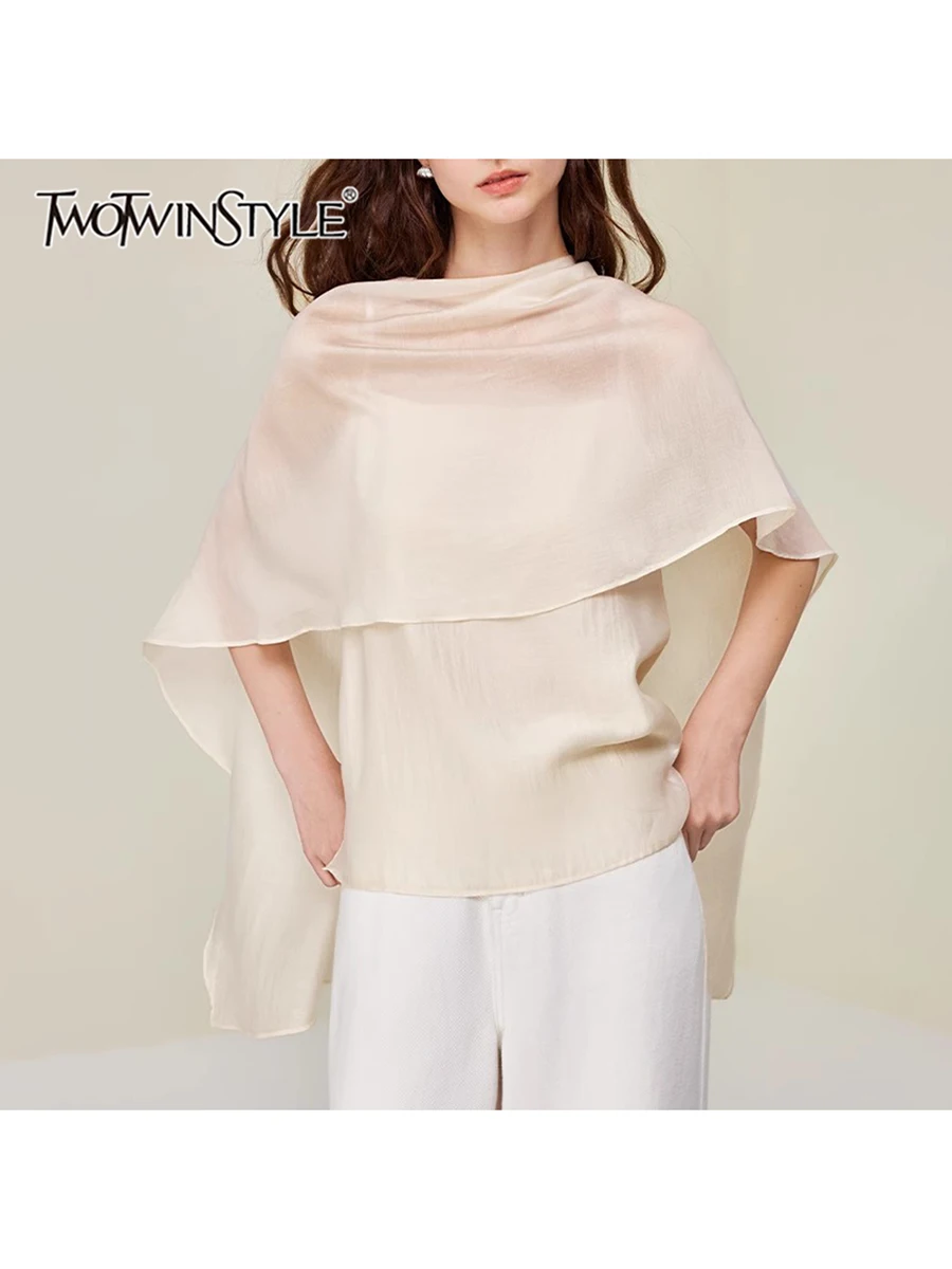 

TWOTWINSTYLE Solid Chic Casual Mesh Blouses For Women Irregular Neck Sleeveless Designer Shirts Female Fashion Style Clothes New
