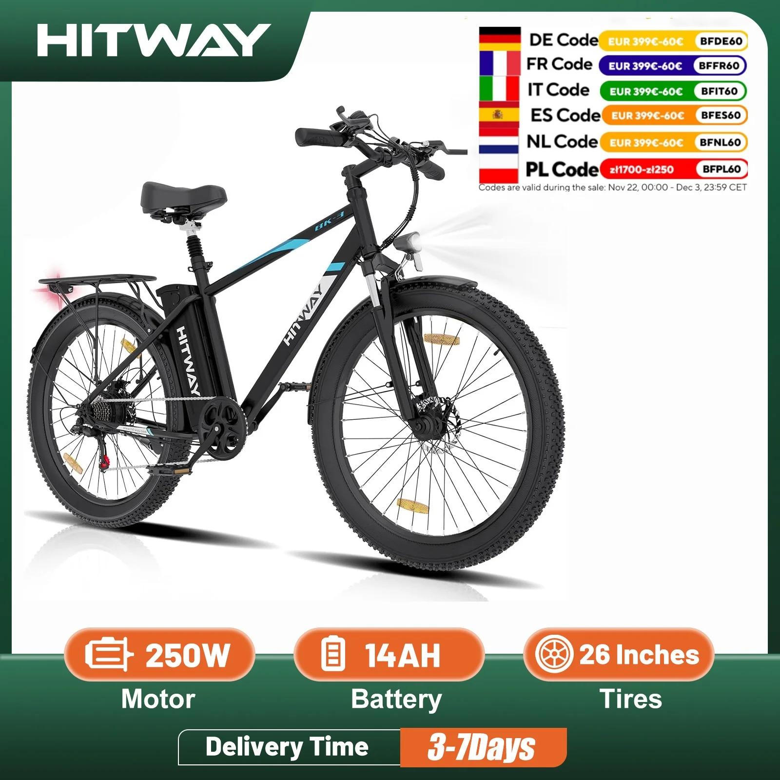 HITWAY E Bike 26 Inch Electric Mountain Bike Pedelec City Bikes Electric Bicycle, 250W, Lithium Battery 36 V/14 Ah ebike 7 Speed