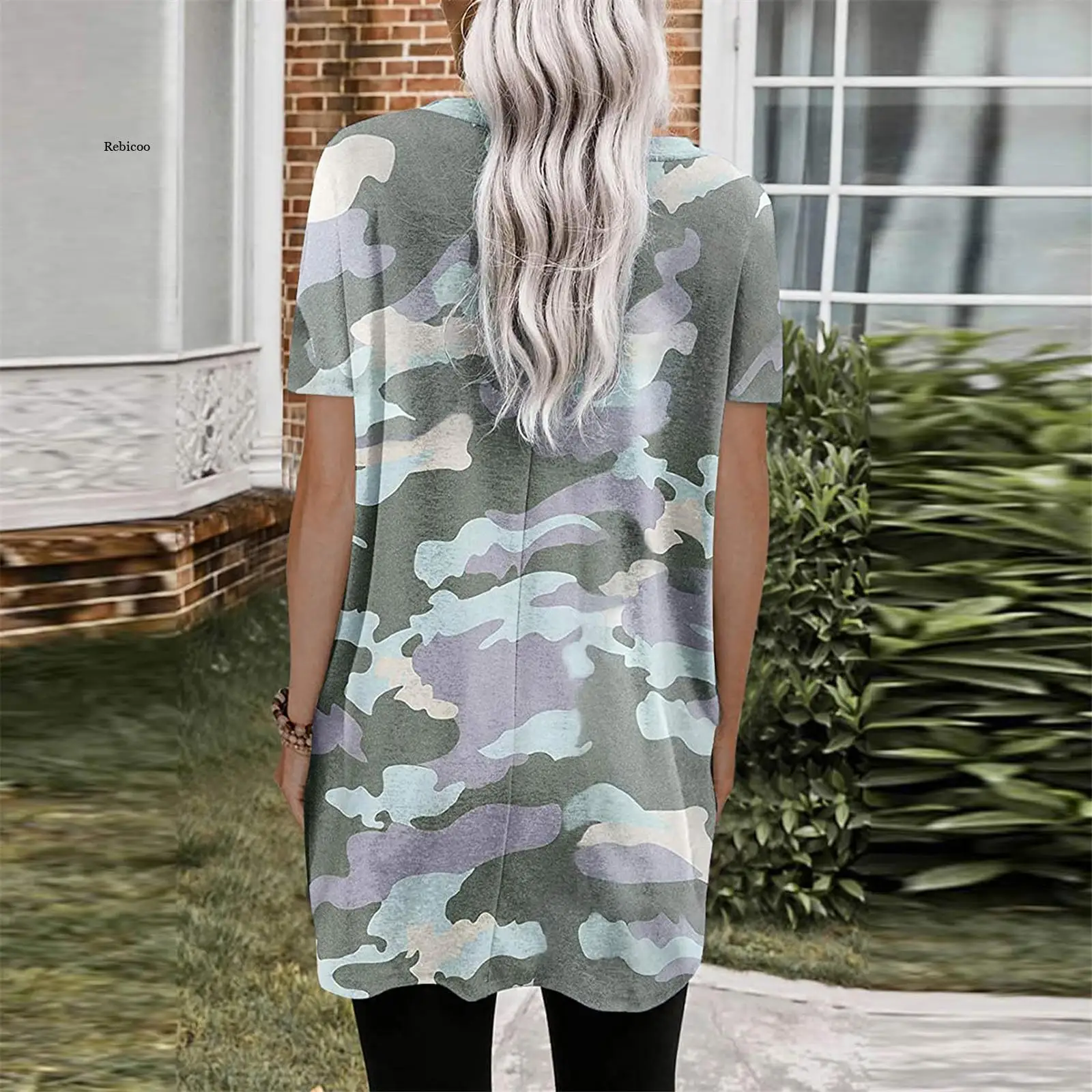 Damen Kleid Sommer Sexy Hot Leopard Print Camouflage Spleißen Tasche Casual Rundhals Kurzarm T-Shirt Kleid