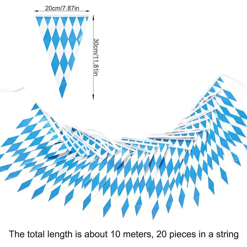 Estandartes plásticos treliçadas para cervejas de bar, decorações temáticas da Oktoberfest, bandeira bávara, azul e branco, 10 m
