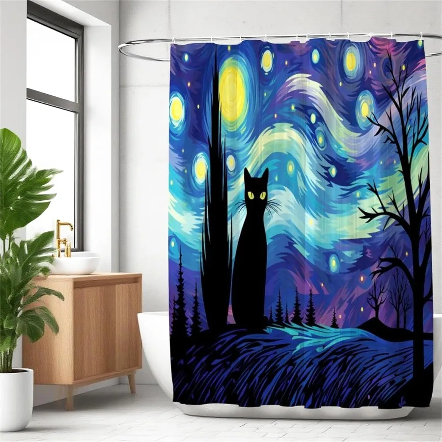 

Милые занавески для душа «Звездная ночь» с черным котом для любителей кошек, ванная комната на Хэллоуин, современный художественный декор, забавная ведьма, эстетичная вода