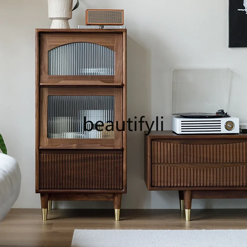 

A50 North American black walnut TV side cabinet living room solid wood stand cabinet flip glass side cabinet