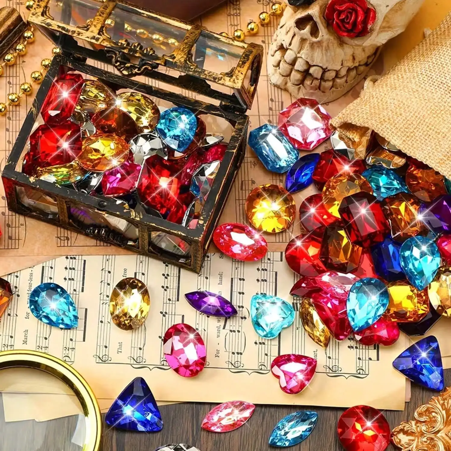 20/100 Stück Edelsteine, Piratenschatz, Juwelen, gefälschte Acryl-Edelsteine, mehrfarbig, glitzernder Kunststoff, mit Kordelzugbeutel für Party-Tischdekoration – Detail 8