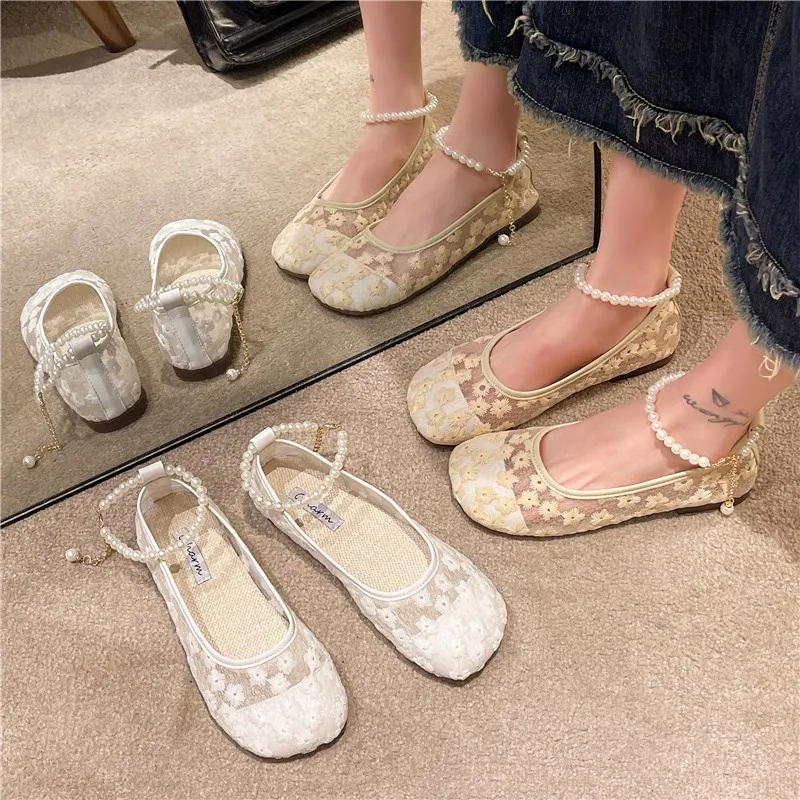 New Women\'s Breathable Mesh Summer Shoes Flower Casual Shallow Women Flat Shoes Luxury Pearl Fashion Flats Ladies Loafers