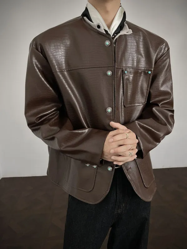 

Cleanfit Korean Sle Men's Jaet een Turquoise Button Design Couple's Coat Loose Fit Crocodile Skin Youth Trend