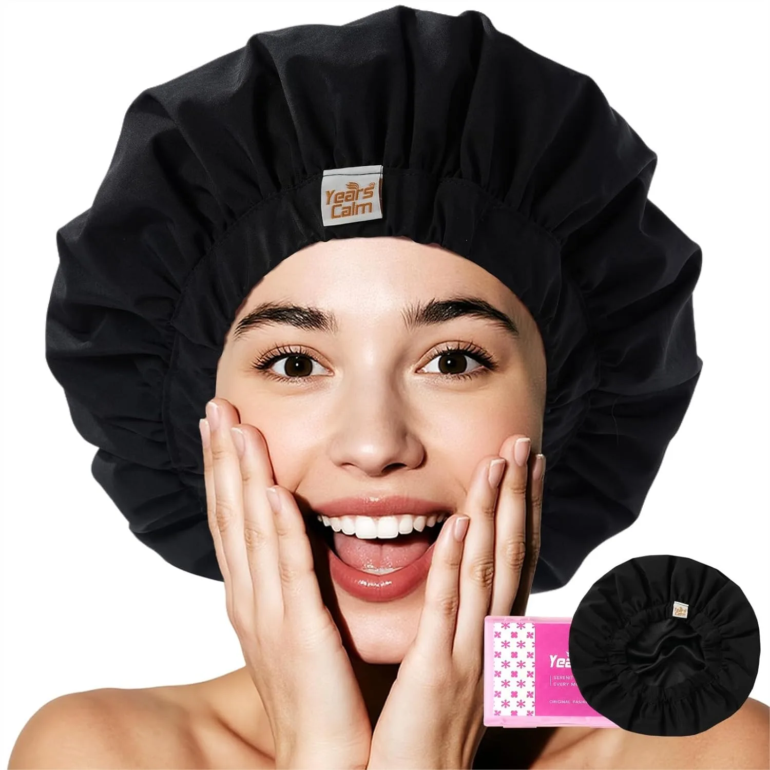 

Color Changing Shower Cap for Women, Reusable Waterproof Satin Lined Hair Cap for Long Hair, Braids, Black
