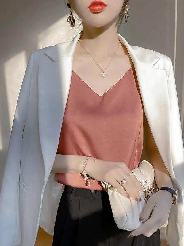 Elegant Silk V-Neck Sleeveless Vest Women's Inner Wear Fake Silk Summer Outerwear Acetate Satin Wrap Style Thin Regular Length